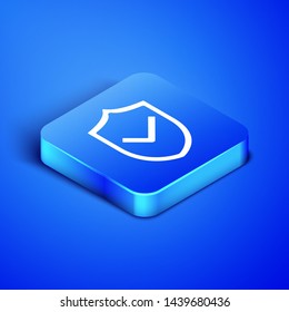 Isometric Shield with check mark icon isolated on blue background. Protection symbol. Security check Icon. Tick mark approved icon. Blue square button. Vector Illustration