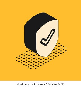 Isometric Shield with check mark icon isolated on yellow background. Protection symbol. Security check Icon. Tick mark approved icon.  Vector Illustration