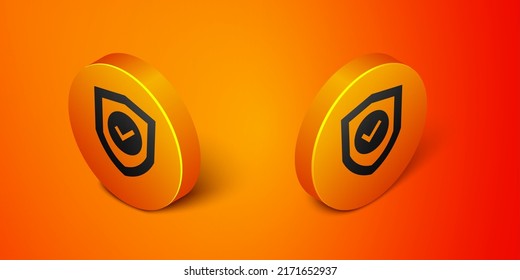 Isometric Shield With Check Mark Icon Isolated On Orange Background. Protection Symbol. Security Check Icon. Tick Mark Approved Icon. Orange Circle Button. Vector