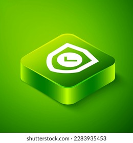 Isometric Shield with check mark icon isolated on green background. Protection symbol. Security check Icon. Tick mark approved icon. Green square button. Vector