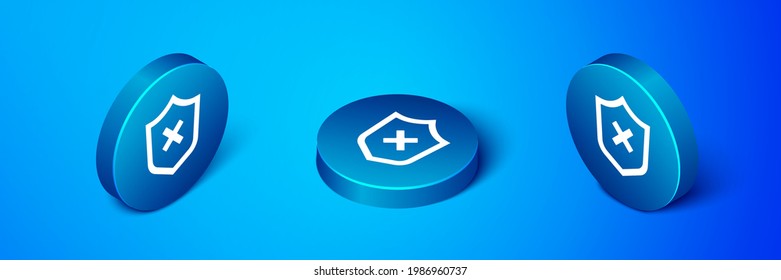 Escudo isométrico con icono de marca cruzada aislado en fondo azul. Escudo y rechazado. Notificación de denegación. Botón de círculo azul. Vector