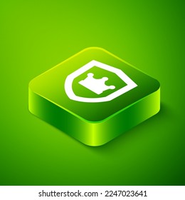 Isometric Shield with crown icon isolated on green background. Green square button. Vector