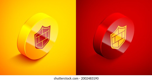 Isometric Shield with cyber security brick wall icon isolated on orange and red background. Data protection symbol. Firewall. Network protection. Circle button. Vector