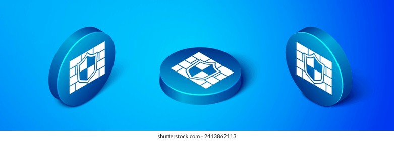 Isometric Shield with cyber security brick wall icon isolated on blue background. Data protection symbol. Firewall. Network protection. Blue circle button. Vector