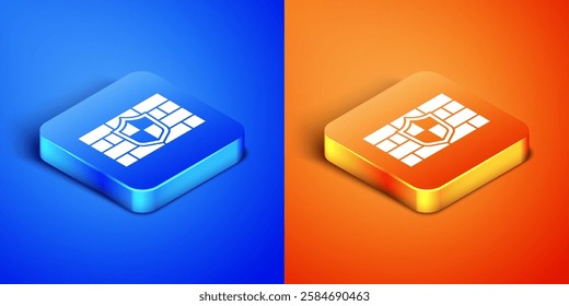 Isometric Shield with cyber security brick wall icon isolated on blue and orange background. Data protection symbol. Firewall. Network protection. Square button. Vector