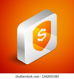 Isometric Shield and dollar icon isolated on orange background. Security shield protection. Money security concept. Silver square button. Vector Illustration