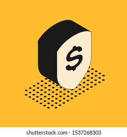 Isometric Shield and dollar icon isolated on yellow background. Security shield protection. Money security concept.  Vector Illustration