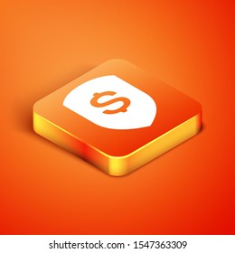 Isometric Shield and dollar icon isolated on orange background. Security shield protection. Money security concept.  Vector Illustration