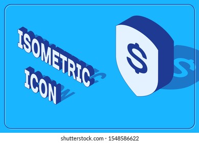 Isometric Shield and dollar icon isolated on blue background. Security shield protection. Money security concept.  Vector Illustration