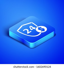 Isometric Shield with dollar symbol icon isolated on blue background. Security shield protection. Money security concept. Blue square button. Vector Illustration