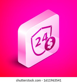 Isometric Shield with dollar symbol icon isolated on pink background. Security shield protection. Money security concept. Silver square button. Vector Illustration