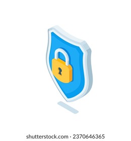 isometric shield and door lock, in color on a white background, reliable data or account protection