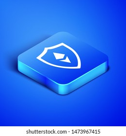 Isometric Shield Ethereum ETH icon isolated on blue background. Cryptocurrency mining, blockchain technology, security, protect, digital money. Blue square button. Vector Illustration