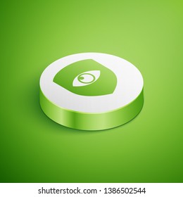 Isometric Shield and eye icon isolated on green background. Security, safety, protection, privacy concept. White circle button. Vector Illustration