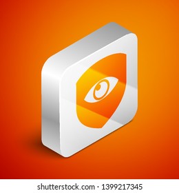 Isometric Shield and eye icon isolated on orange background. Security, safety, protection, privacy concept. Silver square button. Vector Illustration
