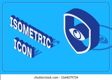 Isometric Shield and eye icon isolated on blue background. Security, safety, protection, privacy concept.  Vector Illustration