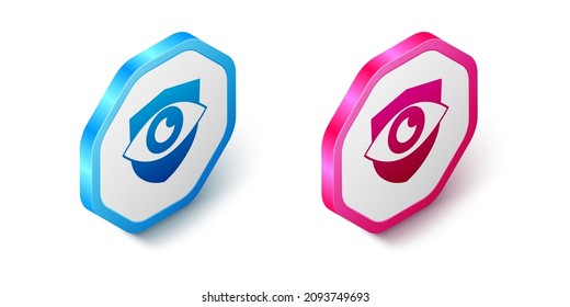 Isometric Shield and eye icon isolated on white background. Security, safety, protection, privacy concept. Hexagon button. Vector