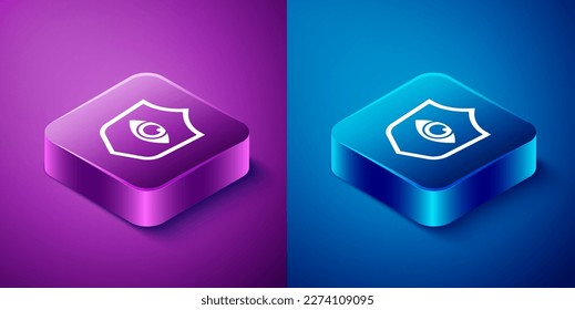 Isometric Shield and eye icon isolated on blue and purple background. Security, safety, protection, privacy concept. Square button. Vector