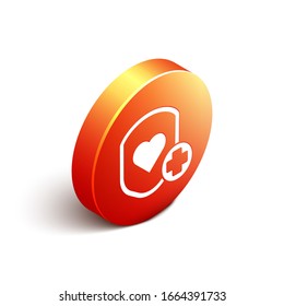 Isometric Shield and heart rate icon isolated on white background. Health protection concept. Health care. Orange circle button. Vector Illustration