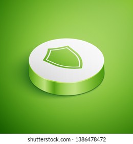 Isometric Shield icon isolated on green background. Guard sign. White circle button. Vector Illustration