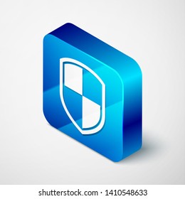 Isometric Shield icon isolated on white background. Guard sign. Blue square button. Vector Illustration