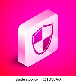 Isometric Shield icon isolated on pink background. Guard sign. Security, safety, protection, privacy concept. Silver square button. Vector Illustration