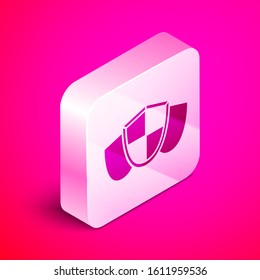 Isometric Shield icon isolated on pink background. Guard sign. Security, safety, protection, privacy concept. Silver square button. Vector Illustration