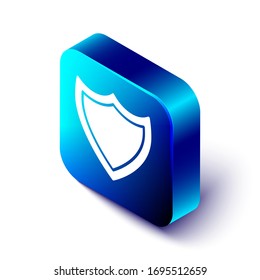 Isometric Shield icon isolated on white background. Guard sign. Security, safety, protection, privacy concept. Blue square button. Vector Illustration