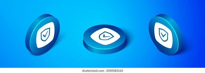 Icono de escudo isométrico aislado sobre fondo azul. Concepto de seguro. Señal de guardia. Seguridad, seguridad, protección, concepto de privacidad. Botón círculo azul. Vector