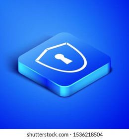 Isometric Shield with keyhole icon isolated on blue background. Protection, security concept. Safety badge icon. Privacy banner. Defense tag. Blue square button. Vector Illustration