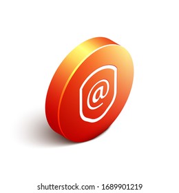 Isometric Shield with mail and e-mail icon isolated on white background. Guard sign. Security, safety, protection, privacy concept. Orange circle button. Vector Illustration