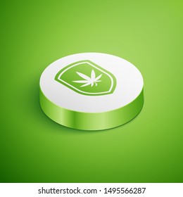 Isometric Shield and marijuana or cannabis leaf icon isolated on green background. Marijuana legalization. Hemp symbol. White circle button. Vector Illustration