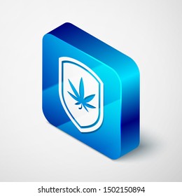 Isometric Shield and marijuana or cannabis leaf icon isolated on white background. Marijuana legalization. Hemp symbol. Blue square button. Vector Illustration