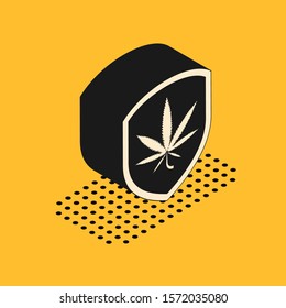 Isometric Shield and marijuana or cannabis leaf icon isolated on yellow background. Marijuana legalization. Hemp symbol.  Vector Illustration