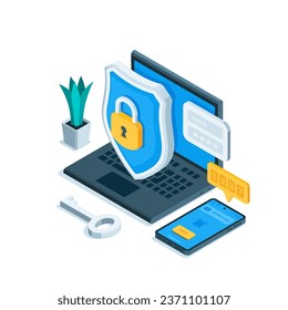 isometric shield with a padlock near a laptop and smartphone, in color on a white background, data protection or secure account login