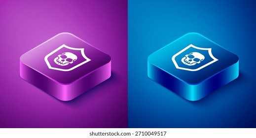 Isometric Shield with pirate skull icon isolated on blue and purple background. Square button. Vector