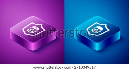 Isometric Shield with pirate skull icon isolated on blue and purple background. Square button. Vector