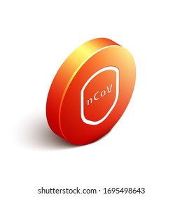 Isometric Shield protecting from virus, germs and bacteria icon isolated on white background. Immune system concept. Corona virus 2019-nCoV. Orange circle button. Vector Illustration