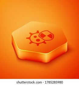 Isometric Shield protecting from virus, germs and bacteria icon isolated on orange background. Immune system concept. Corona virus 2019-nCoV. Orange hexagon button. Vector Illustration