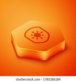 Isometric Shield protecting from virus, germs and bacteria icon isolated on orange background. Immune system concept. Corona virus 2019-nCoV. Orange hexagon button. Vector Illustration