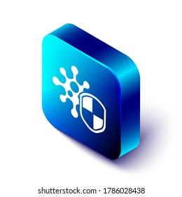 Isometric Shield protecting from virus, germs and bacteria icon isolated on white background. Immune system concept. Corona virus 2019-nCoV. Blue square button. Vector Illustration