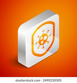 Isometric Shield protecting from virus, germs and bacteria icon isolated on orange background. Immune system concept. Corona virus 2019-nCoV. Silver square button. Vector