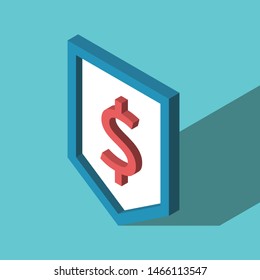 Isometric shield with red dollar sign on turquoise blue background. Finance, security, wealth, investment and insurance concept. Flat design. Eps 8 vector illustration, no transparency, no gradients