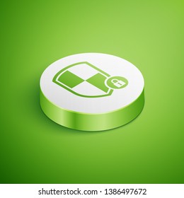Isometric Shield security with lock icon isolated on green background. Protection, safety, password security. Firewall access privacy sign. White circle button. Vector Illustration