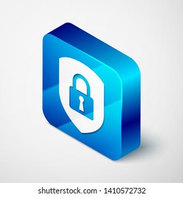 Isometric Shield security with lock icon isolated on white background. Protection, safety, password security. Firewall access privacy sign. Blue square button. Vector Illustration
