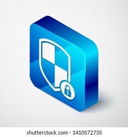 Isometric Shield security with lock icon isolated on white background. Protection, safety, password security. Firewall access privacy sign. Blue square button. Vector Illustration