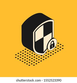 Isometric Shield security with lock icon isolated on yellow background. Protection, safety, password security. Firewall access privacy sign.  Vector Illustration