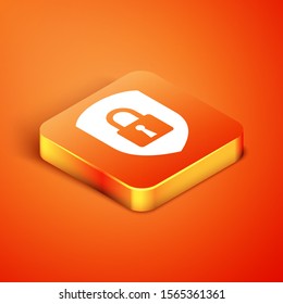 Isometric Shield security with lock icon isolated on orange background. Protection, safety, password security. Firewall access privacy sign.  Vector Illustration