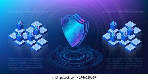Isometric shield of the security system of your data on electronic media. Cybersecurity and information protection. Data Security Protection Concept. Iridescent security shield