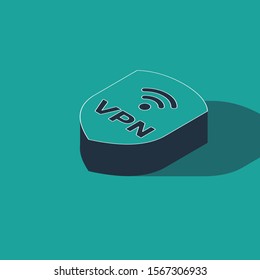 Isometric Shield with VPN and wifi wireless internet network symbol icon isolated on green background. VPN protect safety concept.  Vector Illustration